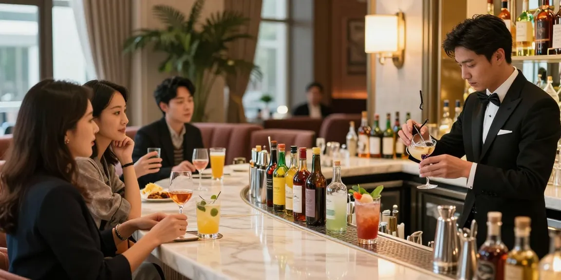 강남블랜딩의 고급 바에서 고객들이 즐거운 대화를 나누는 장면