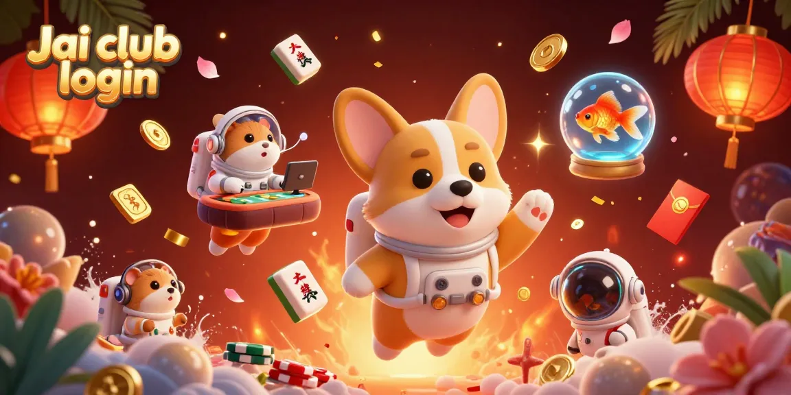 Experience Jai club login with a playful astronaut corgi in a dynamic casino scene, surrounded by gaming symbols.