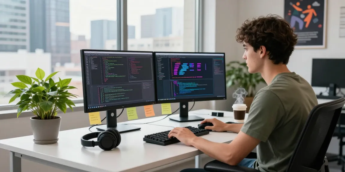 Developer working on crush ai applications in a modern office with coding displays.