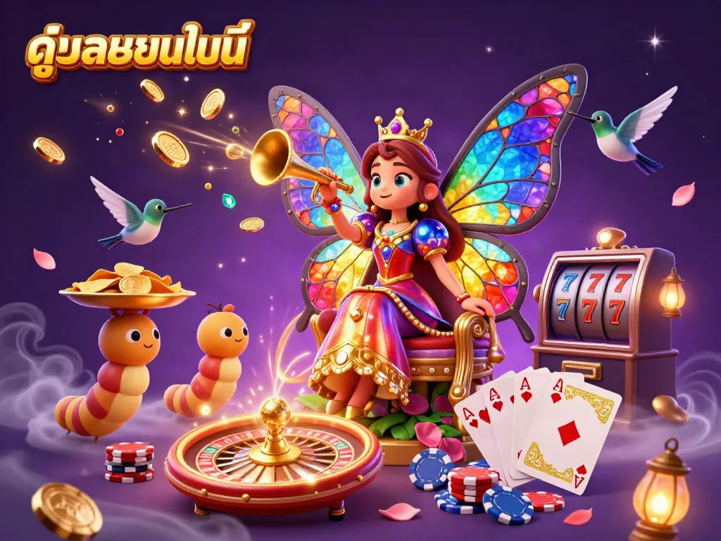 Experience ดูบอลออนไลน์ with a vibrant 3D illustration showcasing casino elements like a butterfly queen and golden coins.