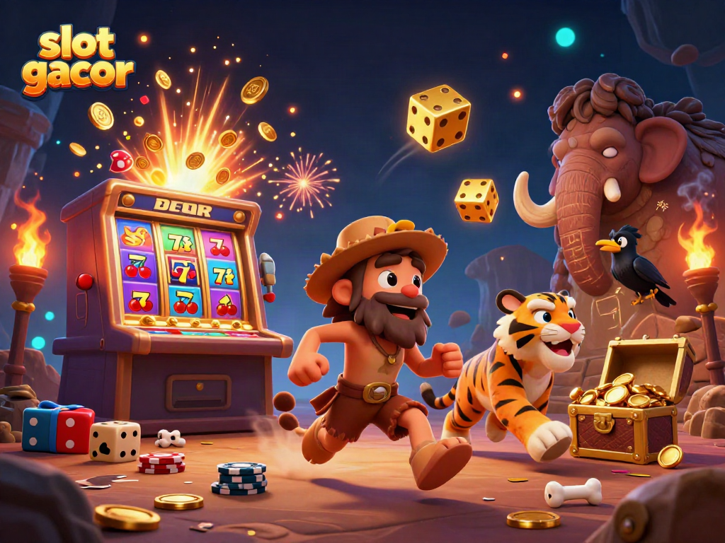 Engage with the thrilling action of slot gacor casinos featuring a lively prehistoric scene with unique characters.