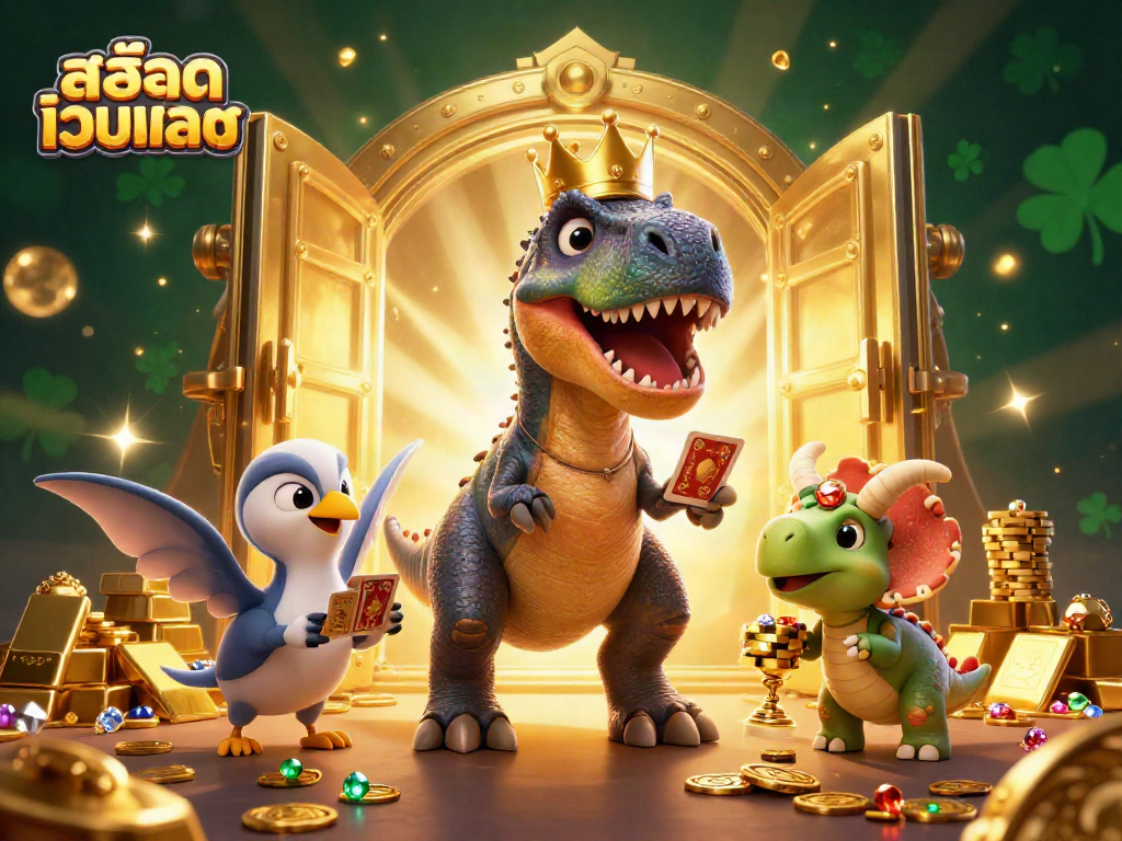 Engage with exciting slots at สล็อตเว็บตรง with a lively T-Rex card game scene packed with treasure.