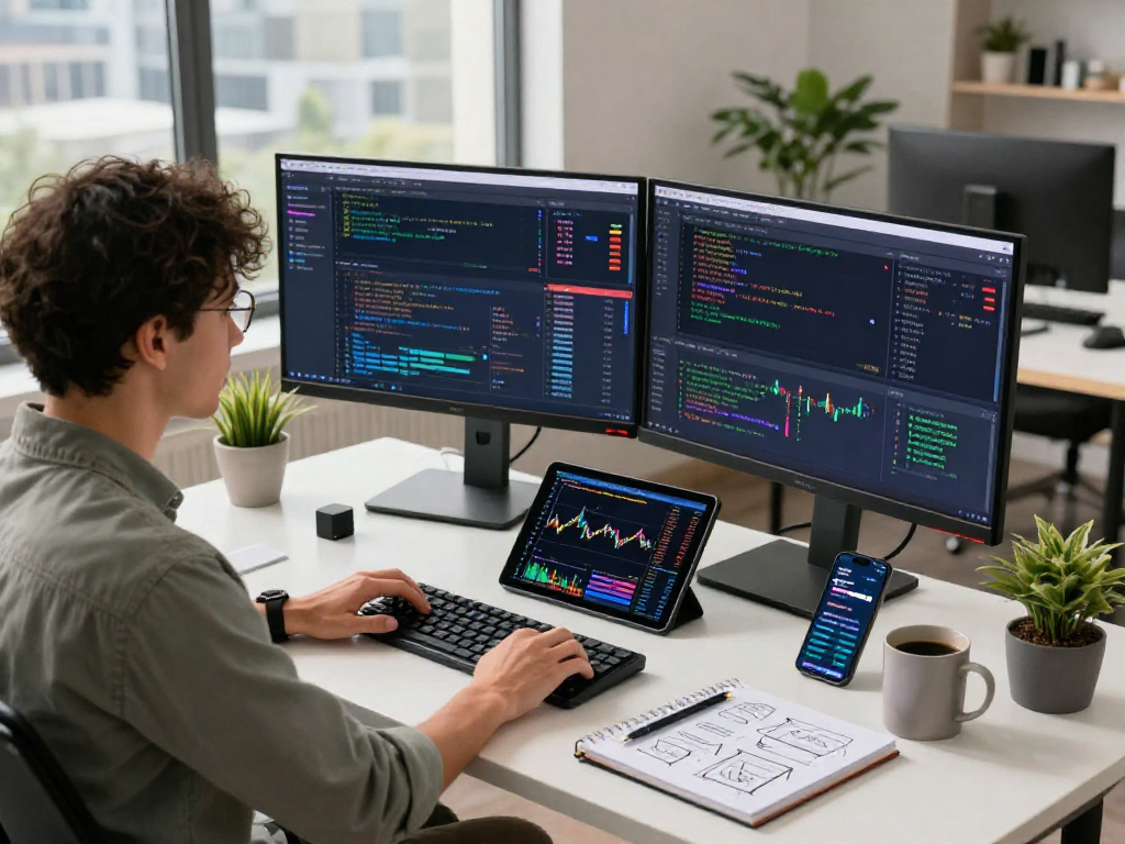 Developer analyzing US stock tick data API on dual monitors in a modern workspace, showcasing real-time market dynamics.