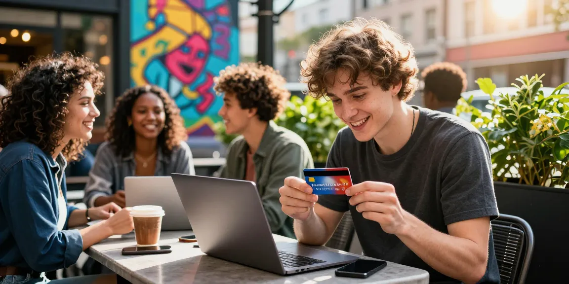 Young adults enjoying their Joker card while socializing at an outdoor café in a vibrant city.