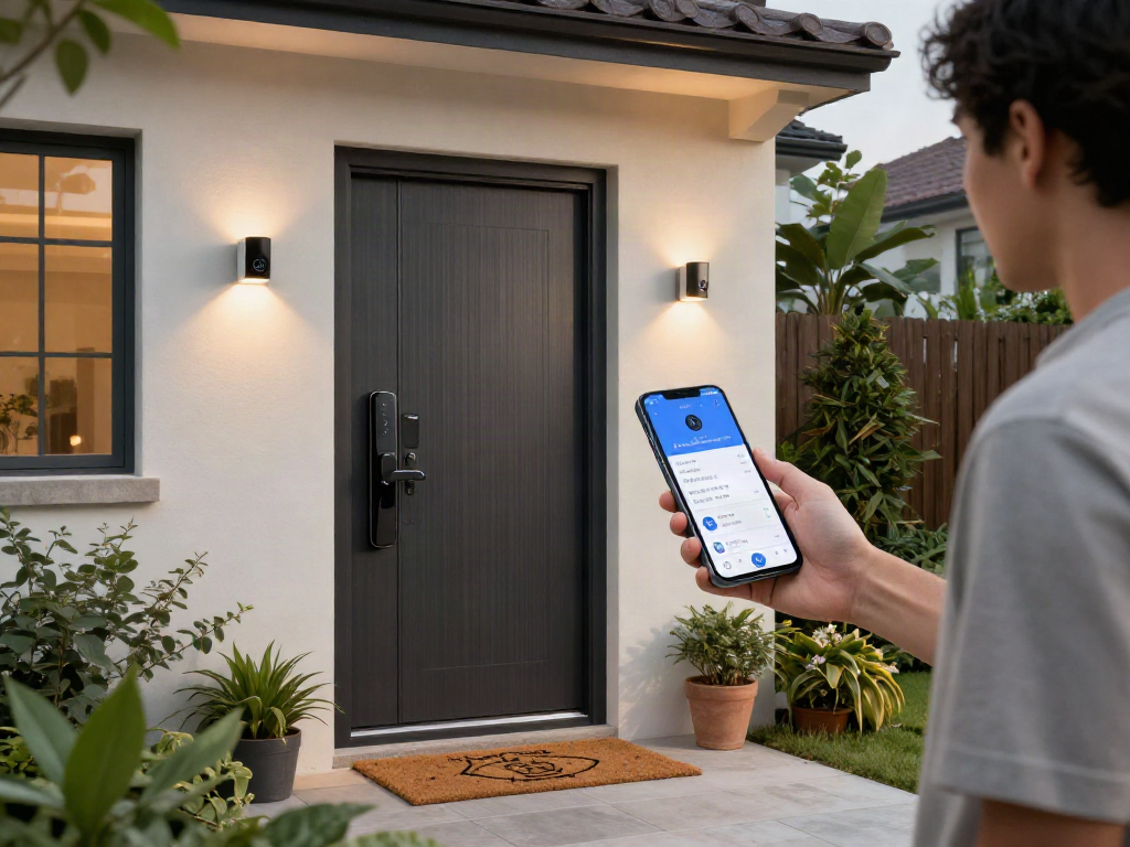 خرید قفل هوشمند integrated with modern home security technology, showcasing a smartphone app controlling access.