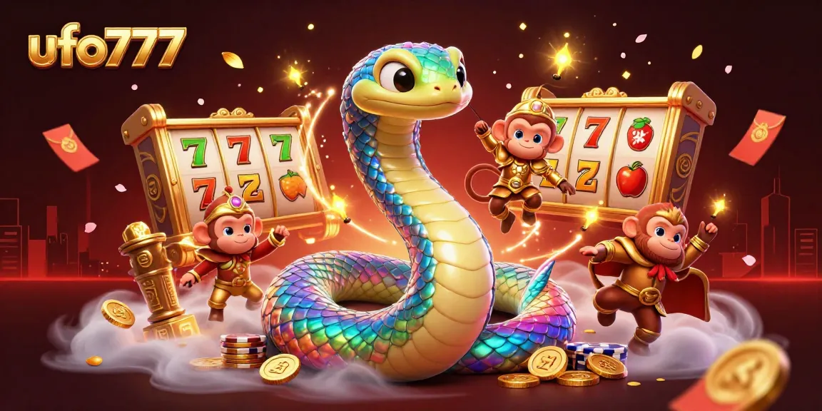 Experience the thrill of ufo777 slots with a vibrant scene featuring a rainbow serpent and a playful monkey king.