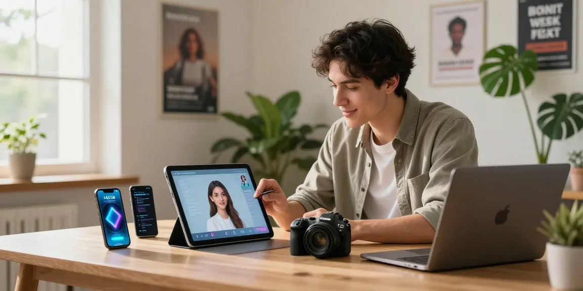 Young man exploring ai gf technology in a modern home office.