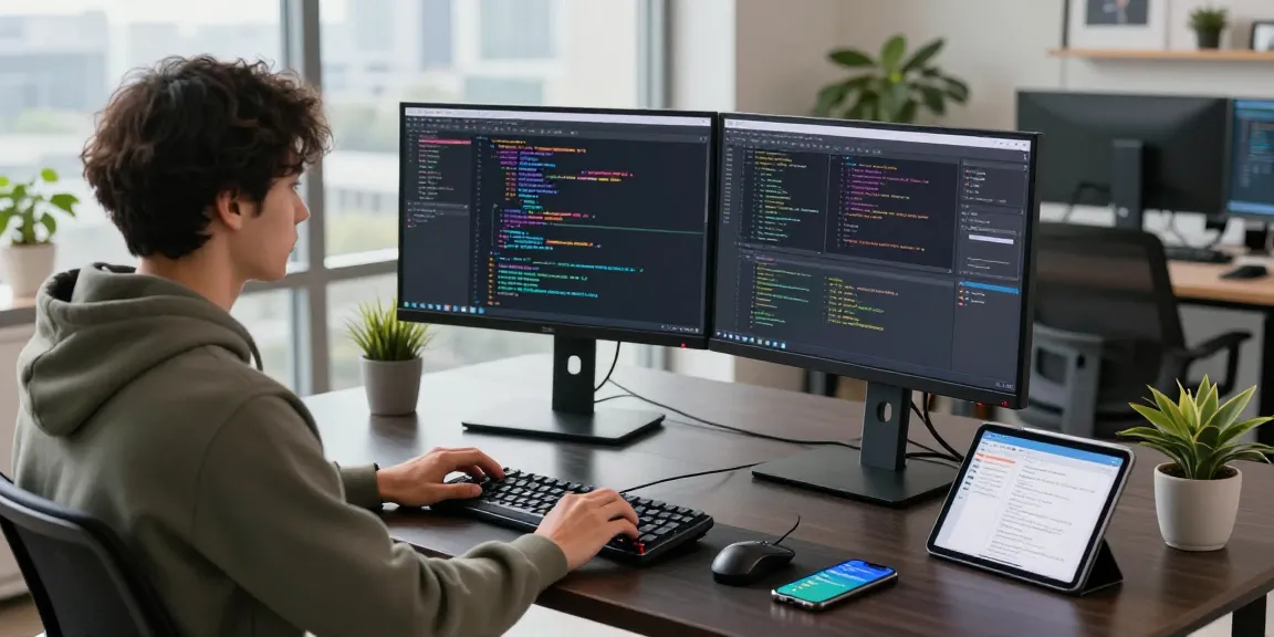 Developer coding in a modern workspace with dual monitors and code displayed, focusing on 纸飞机中文版 applications.