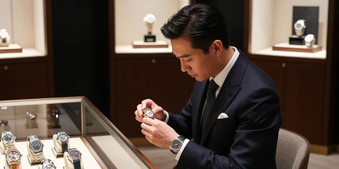 Luxury watches on display, showcasing high-quality clone watches with intricate designs in an upscale boutique setting.