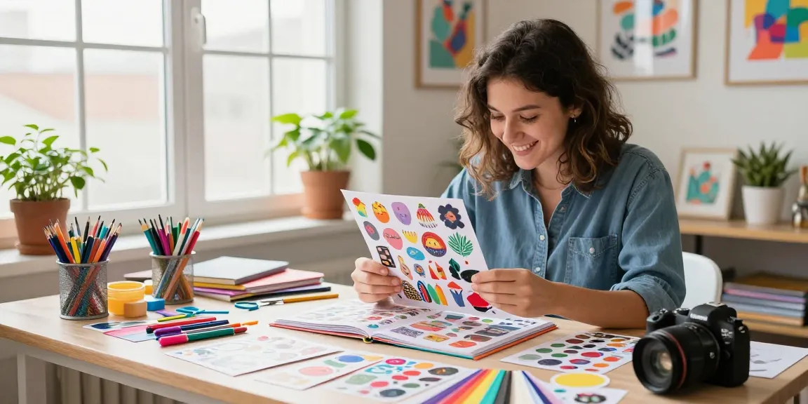Custom reusable sticker book filled with vibrant stickers, bright creative workspace