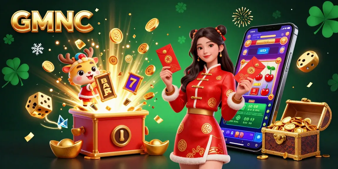 Experience excitement with GMNC in this festive 3D casino jackpot scene featuring dynamic gaming elements and vibrant characters.
