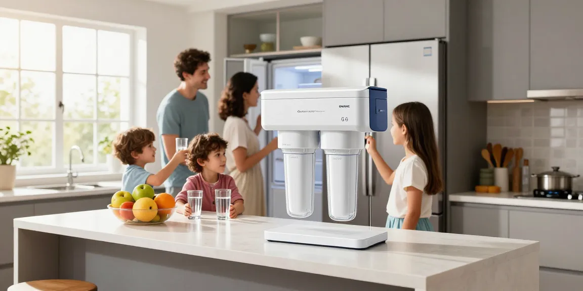 Overbest UKF8001 Replacement for EveryDrop by Whirlpool Refrigerator Water Filter 4 showcased in a bright, family-friendly kitchen scene.
