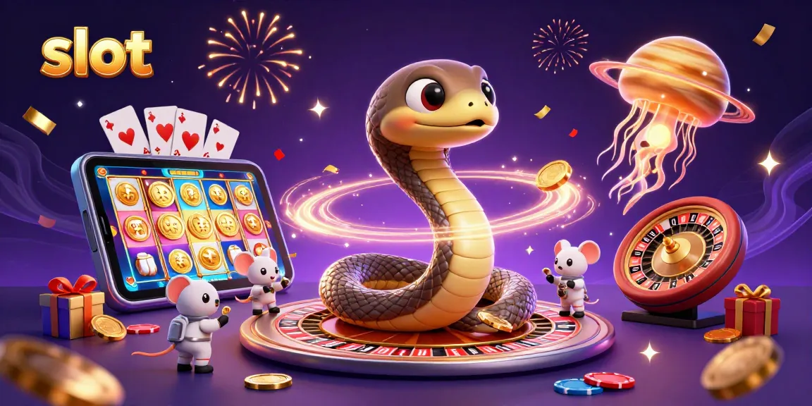 Experience thrilling slot bets with a celestial Saturn snake and whimsical mice in a cosmic casino.