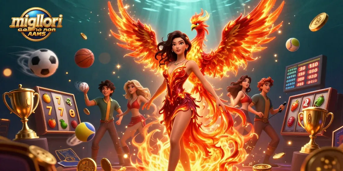 Migliori casino non AAMS illustrazione vivace con una straordinaria donna asiatica con una fenice di fuoco, elementi delle slot e azione emozionante del casinò.