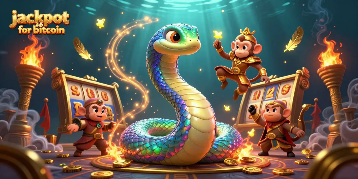 Spin winning jackpot slots for bitcoin, featuring vibrant characters in a dazzling casino scene.
