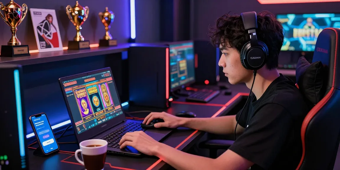 An enthusiastic gamer enjoying slot gacor games in a vibrant digital setup, showcasing a modern gaming environment.