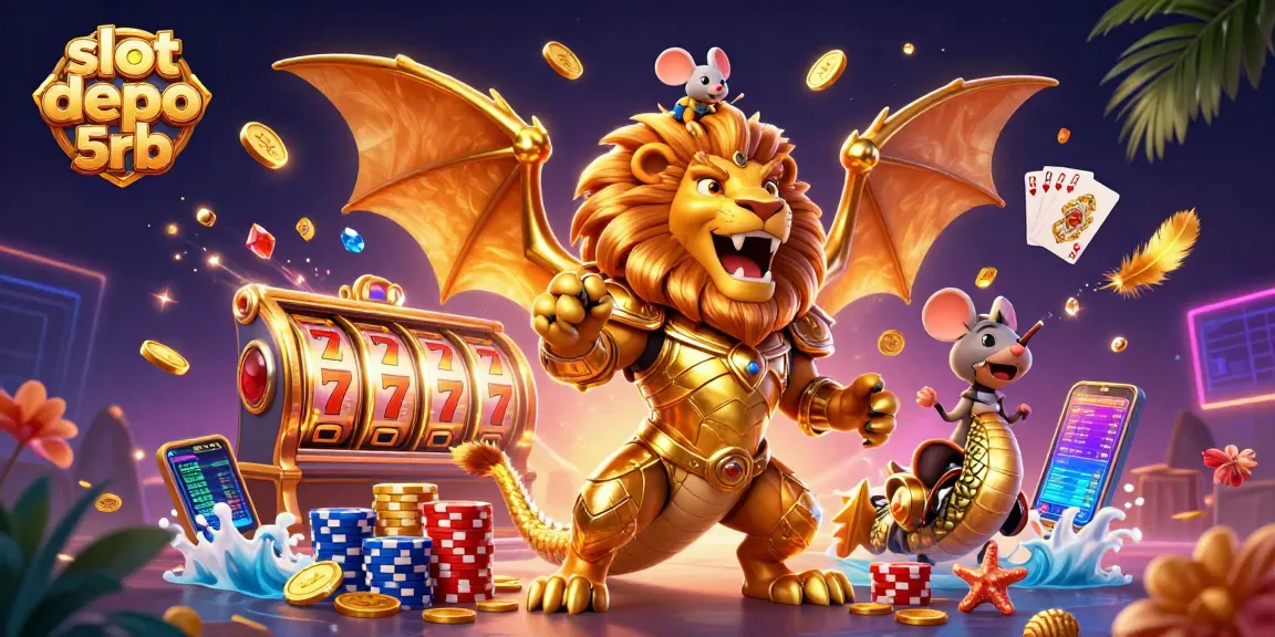 Experience the thrill of slot depo 5rb with a lion-headed chimera and casino elements in a vibrant 3D illustration.