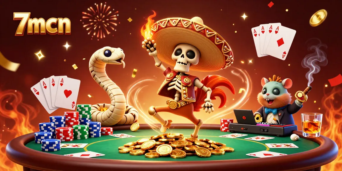 Experience thrilling betting action with 7mcn's colorful casino scene filled with vibrant characters.