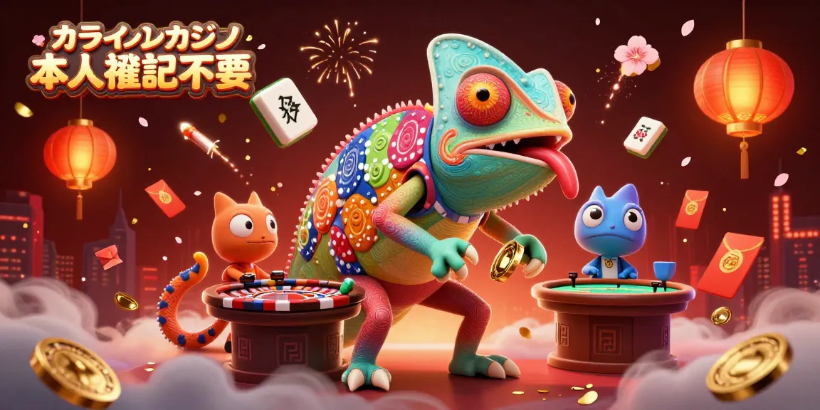 オンラインカジノ 本人確認不要で楽しむカジノゲームシーン。色とりどりのチップに包まれたカメレオンオーナーの賑やかな姿。