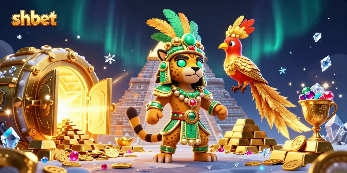 shbet showcases a vibrant casino scene with Mayan jaguar priest, glowing treasures, and festive atmosphere.
