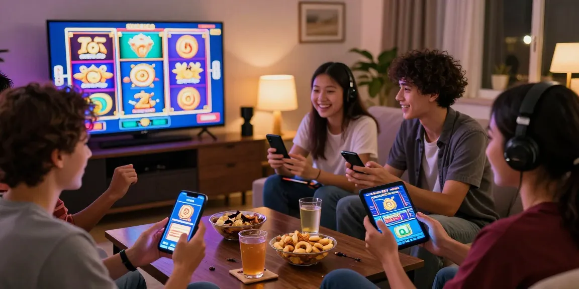 Exciting group gaming experience with deposit pulsa tanpa potongan on mobile devices in a cozy living room.