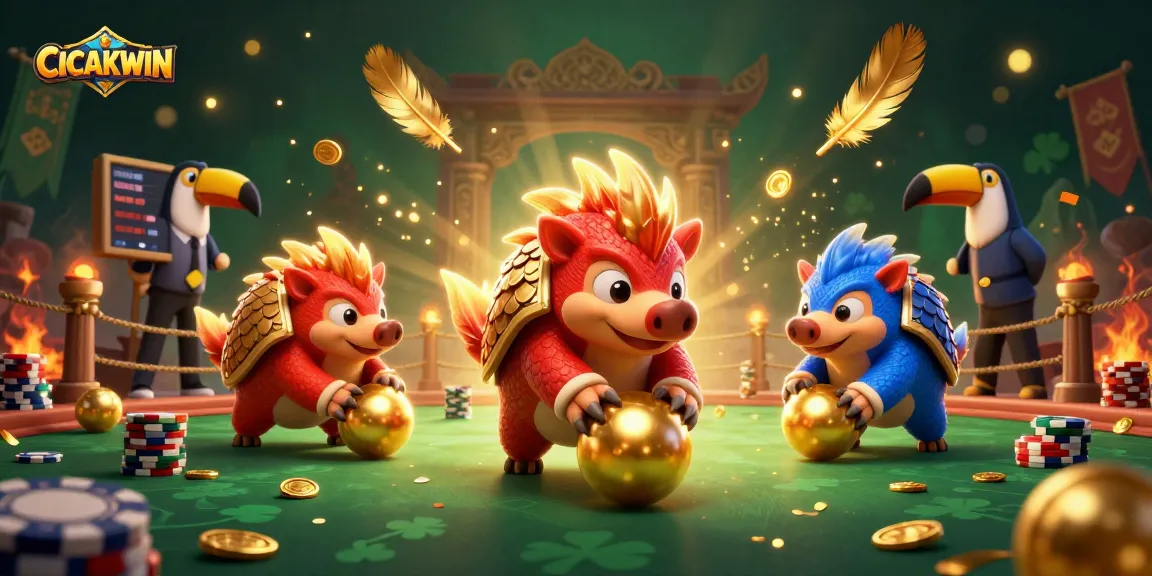 CICAKWIN competitive pangolins rolling golden balls in a vibrant online casino scene