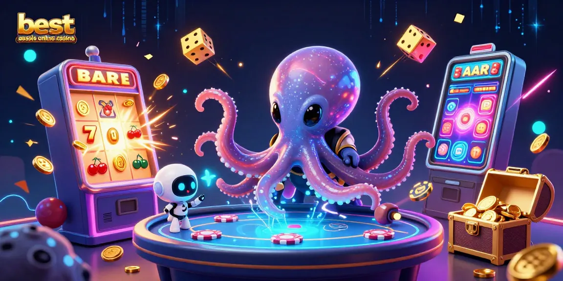 The best aussie online casino scene featuring an alien octopus at a holographic poker table with vibrant casino elements