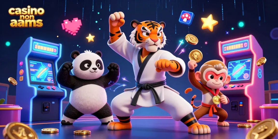 Gioca nei migliori casino non AAMS con un'illustrazione animata di un maestro tigre che si esibisce in stance e un panda dietro per imitare.