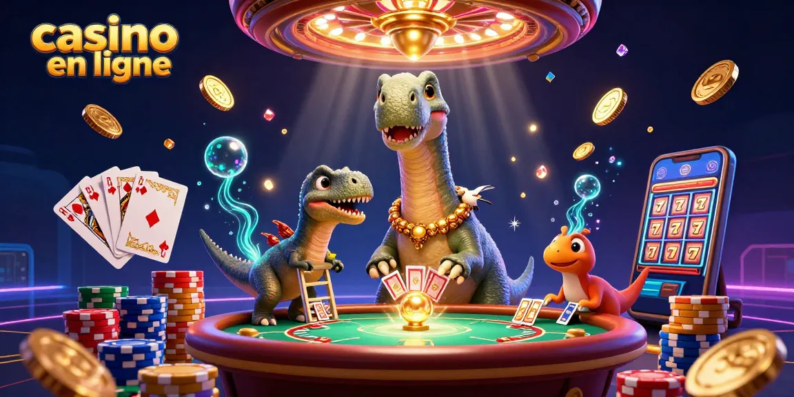 Casino en ligne : illustration d'un dinosaure dans un casino avec des jetons et des jeux