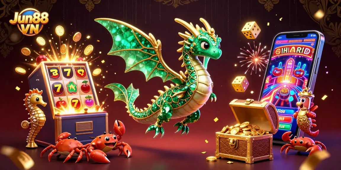 Catch thrilling wins at Jun88 VN with a vibrant 3D illustration showcasing a sea dragon, slot machine, and casino excitement.