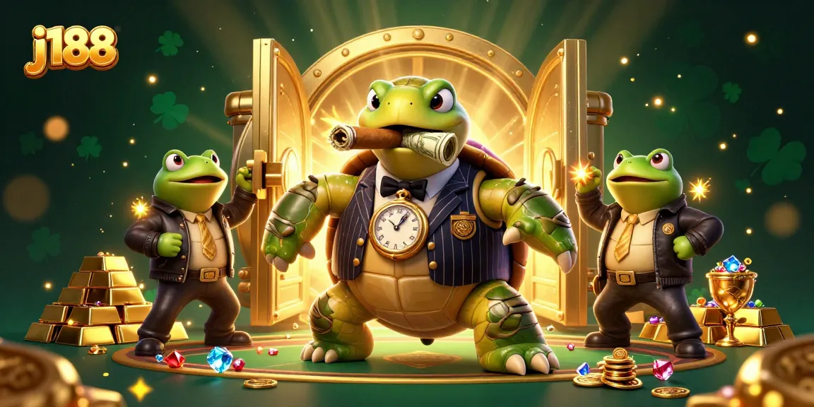 Experience thrilling gameplay with j188 in a vibrant casino scene featuring a cartoon turtle, gold treasures, and slot reels.