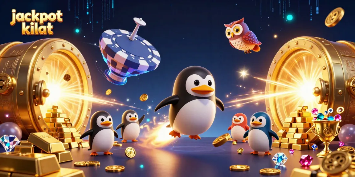 Experience jackpot kilat excitement with a golden penguin racing toward a luxurious casino!