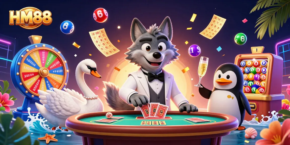 Engage in the excitement of gambling at HM88, where colorful lottery balls and vibrant casino elements create a thrilling atmosphere.