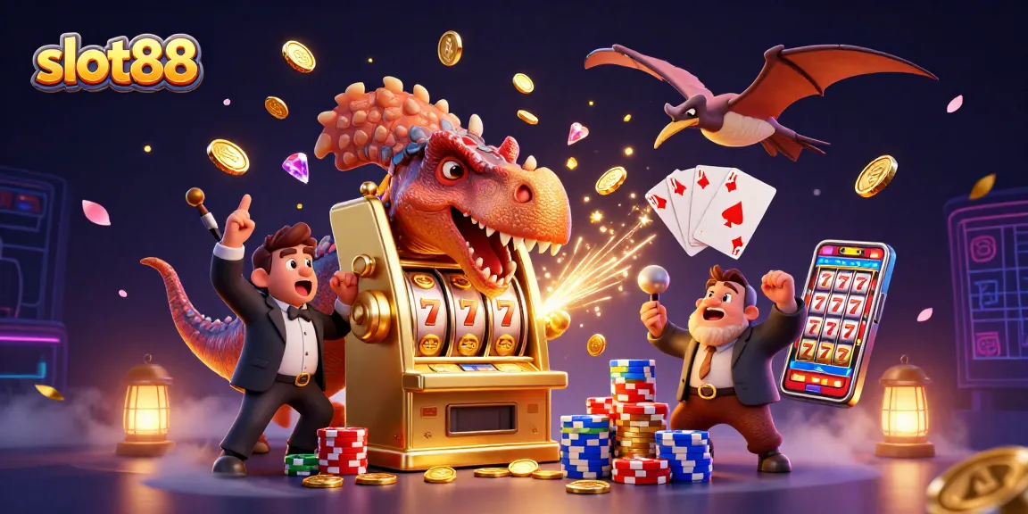 Menangkan jackpot slot88 dengan 3D dinosaurus yang beraksi di mesin slot emas di dunia kasino.
