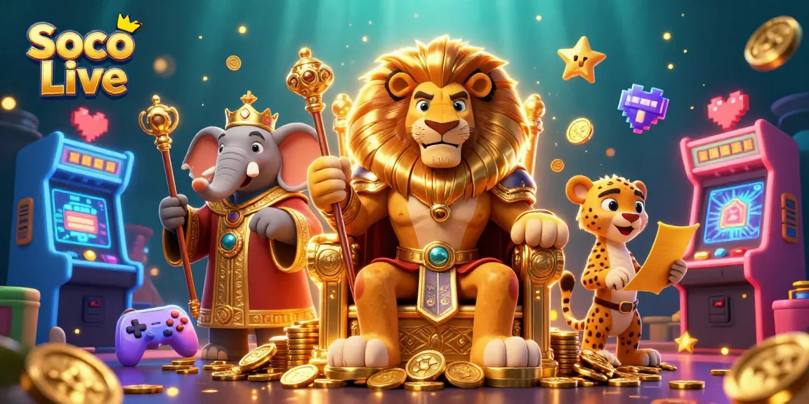 Experience the thrill of Soco Live with a vibrant 3D illustration showcasing casino elements and characters.