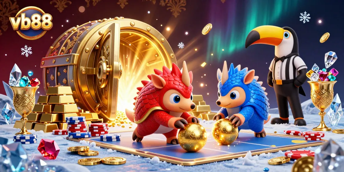 Experience a thrilling vb88 encounter with cartoon pangolins bowling golden balls amid sparkling casino treasures.