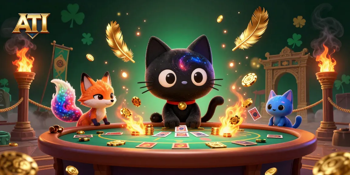 Engage with ATI's cosmic gaming with a mesmerizing black hole cat at a vibrant casino table.