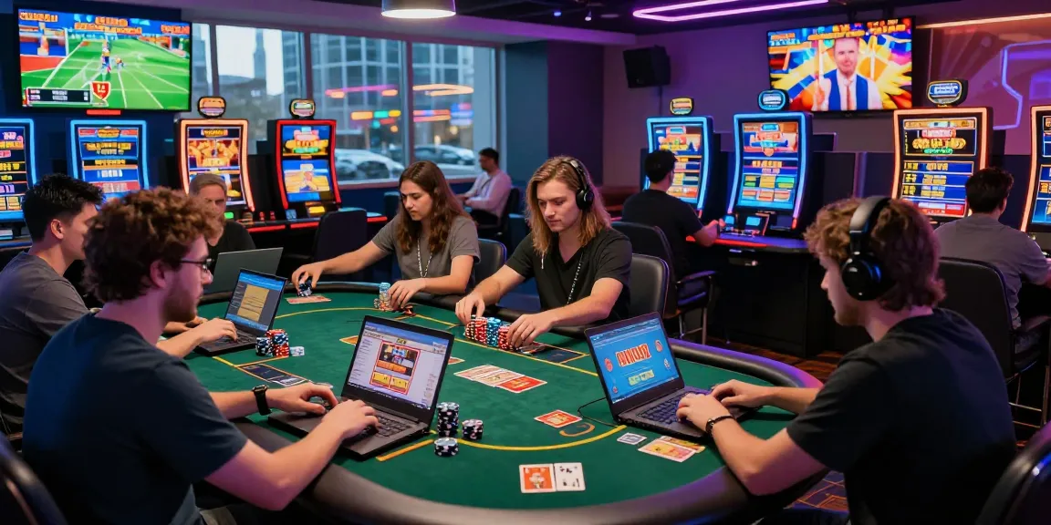 Engaged players at SHBET online casino, showcasing excitement in vibrant gaming lounge with chips, digital screens, and busy city view.