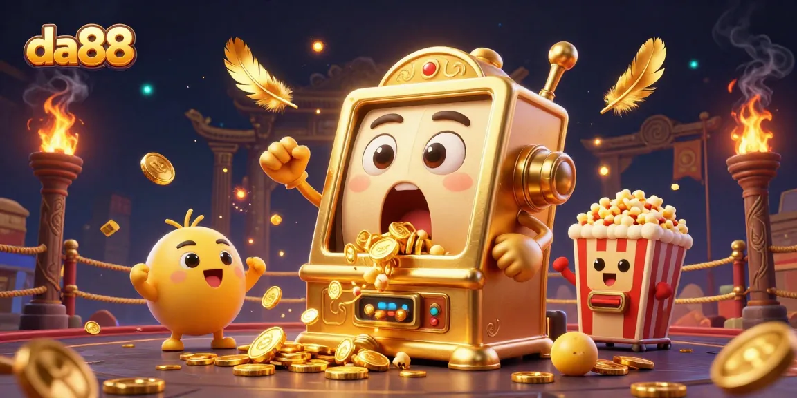 Experience the excitement at da88 with cartoon slot machines celebrating a jackpot amidst dazzling casino elements.