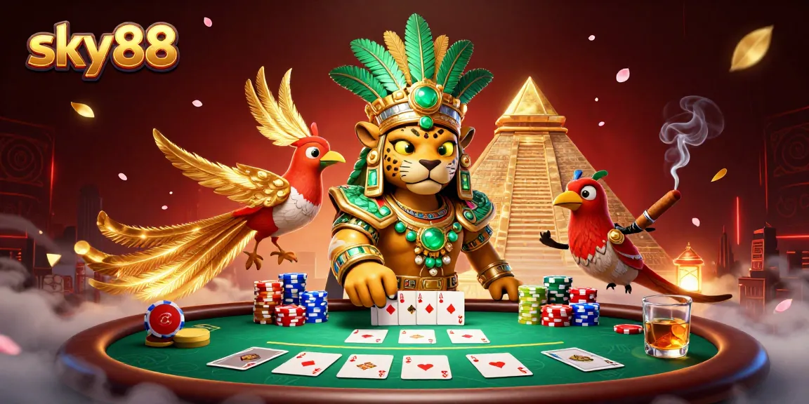 sky88 showcases a vibrant Mayan-themed poker scene with colorful chips and cards in action