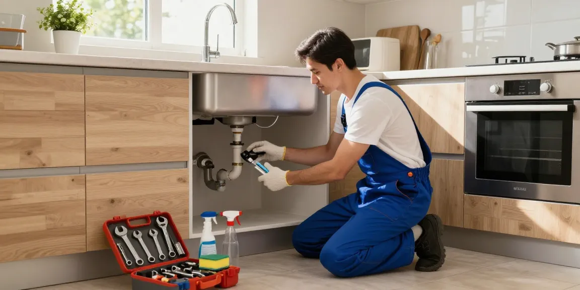 Plumber fixing a leak under the kitchen sink, see more details on professional plumbing services.